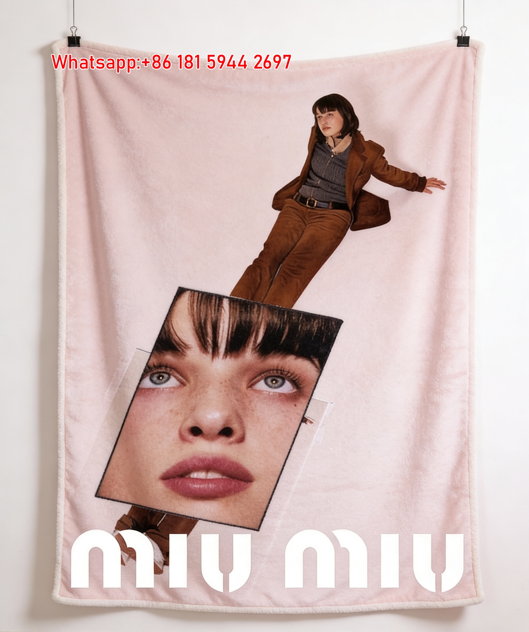 Miu Miu Brown & White Surreal Mirror Portrait Printed Flannel Sofa Throw Blanket IMG_0475